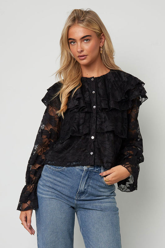 Woven Polyester Fiber Women's Blouse Elegant Floral Print Lace Panel
