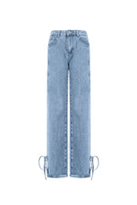 Cotton Woven Women's Straight Leg Denim Pants Casual Knot Detail