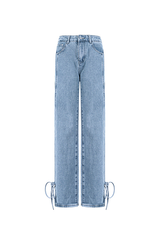 Cotton Woven Women's Straight Leg Denim Pants Casual Knot Detail