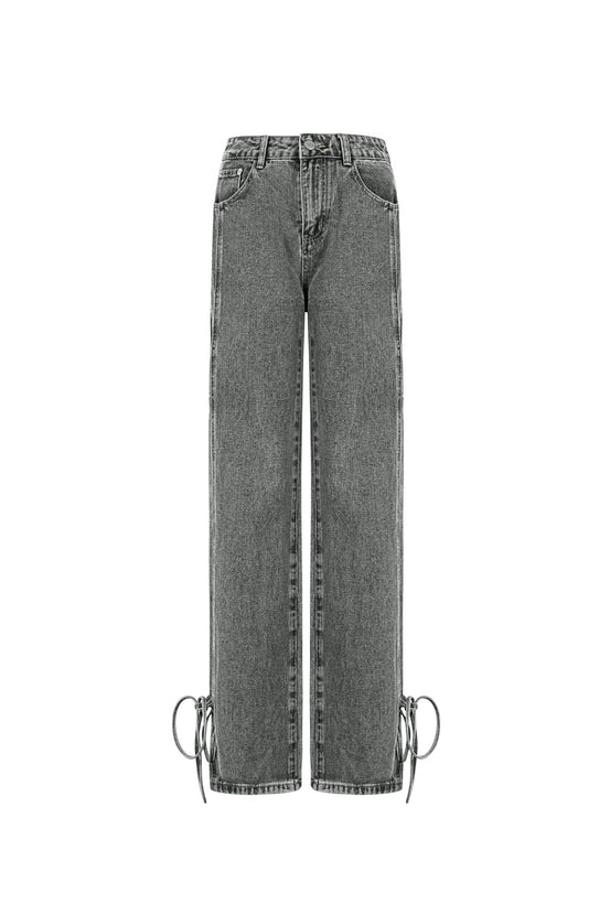 Cotton Woven Women's Straight Leg Denim Pants Casual Knot Detail