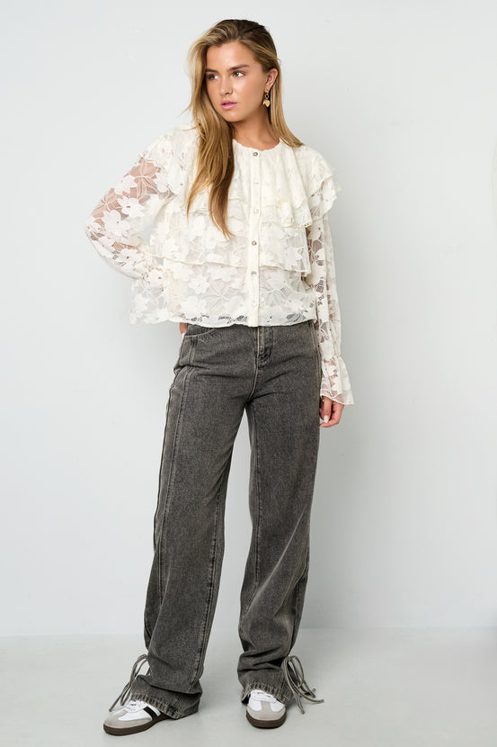Woven Polyester Fiber Women's Blouse Elegant Floral Print Lace Panel