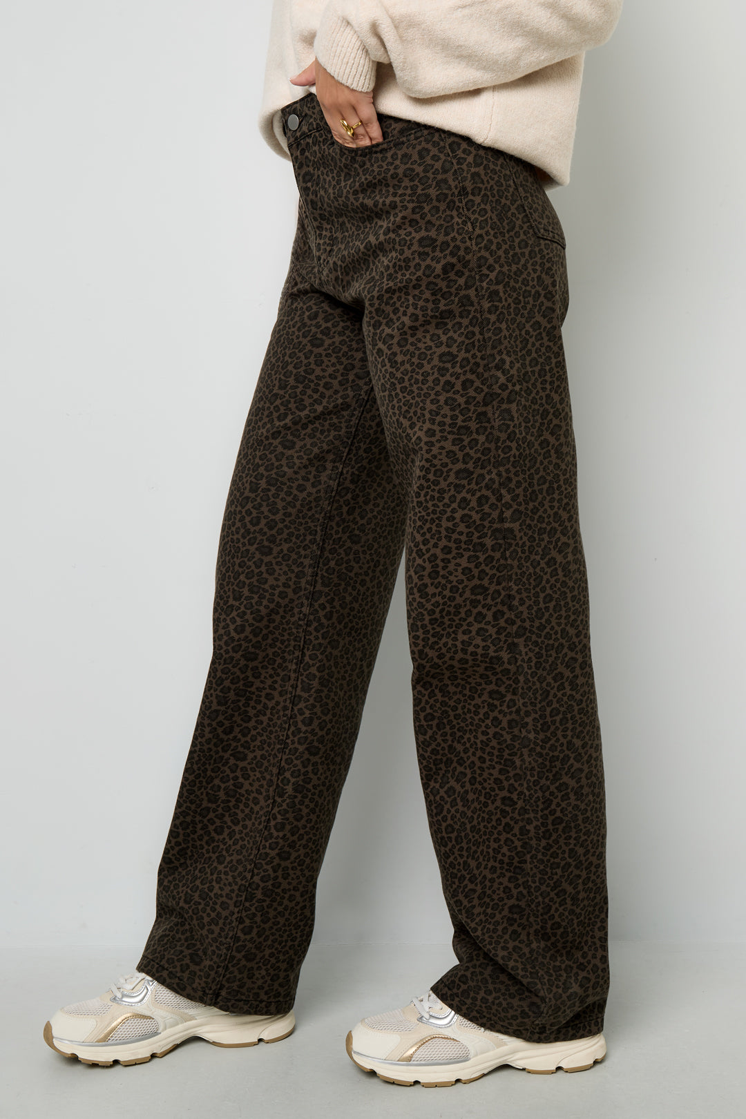 Woven Cotton Women's Straight Leg Pants Leopard Print Fall/Winter