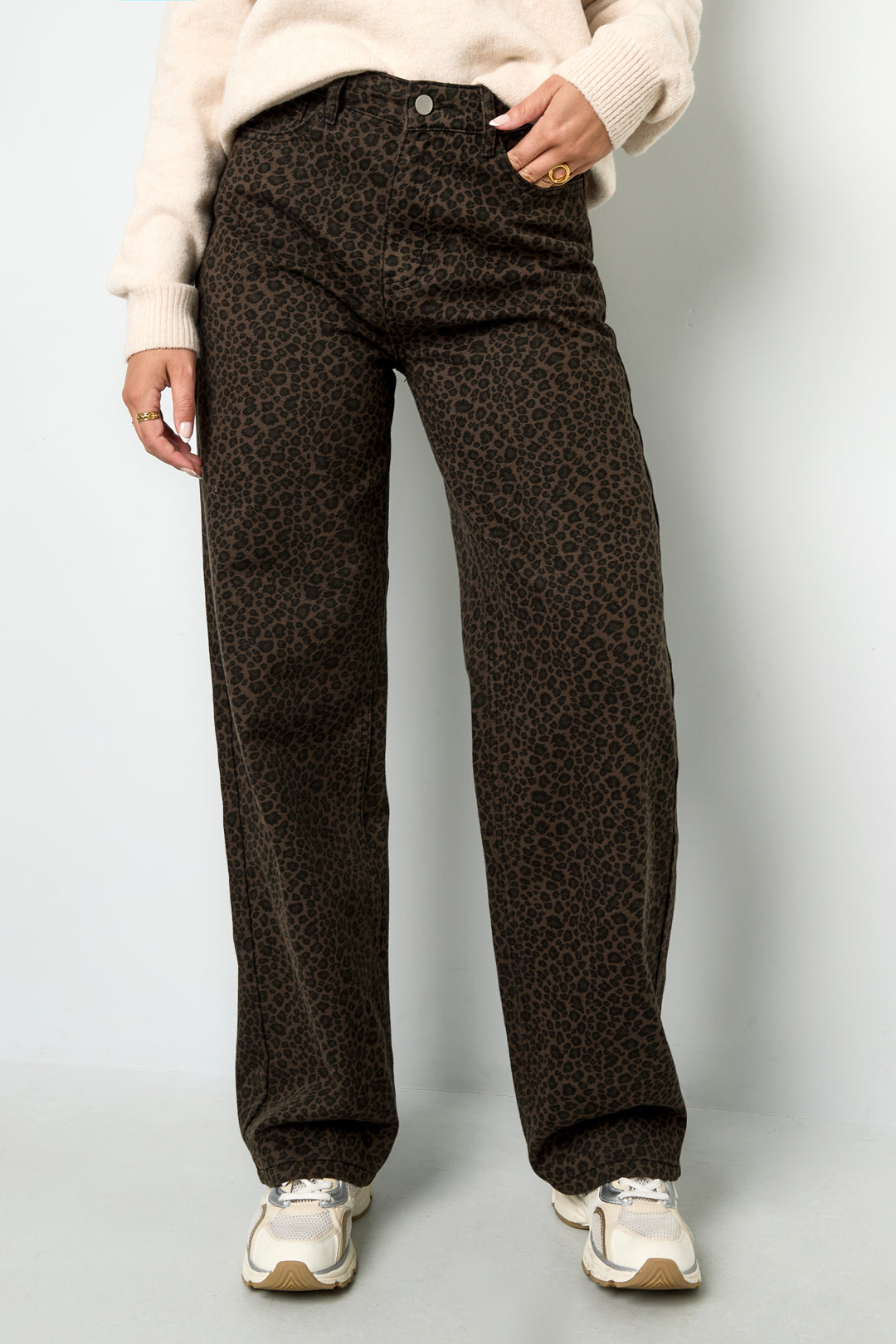 Woven Cotton Women's Straight Leg Pants Leopard Print Fall/Winter